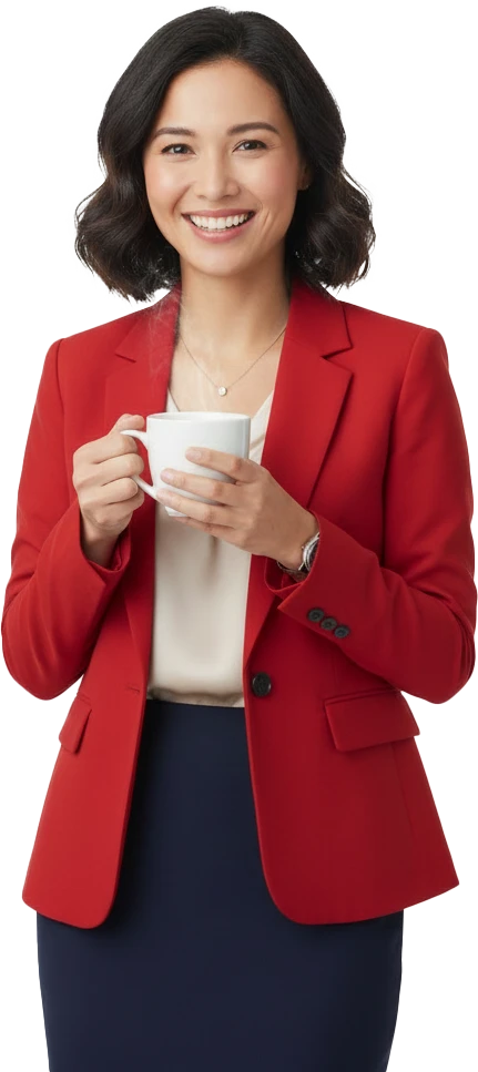 Corporate woman smiling while enjoying a cup of coffee in a modern office breakroom